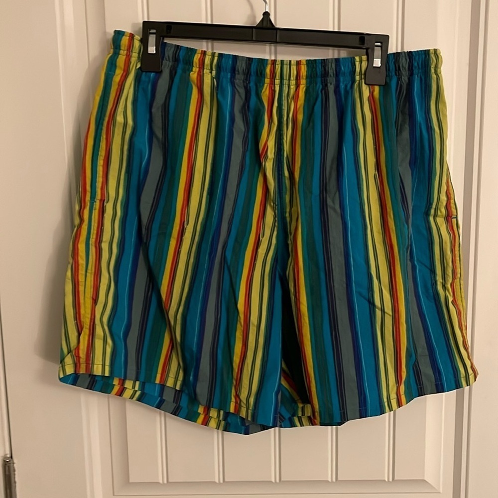 R & Y SPORT men’s Lg swim trunks, circus,‎ stripes, teals, yellow, red , & brown